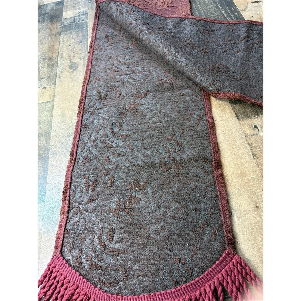 Vintage Chenille Table Runner Red Rust Floral Jacquard Fringe‎ Boho 12x70 Ornate